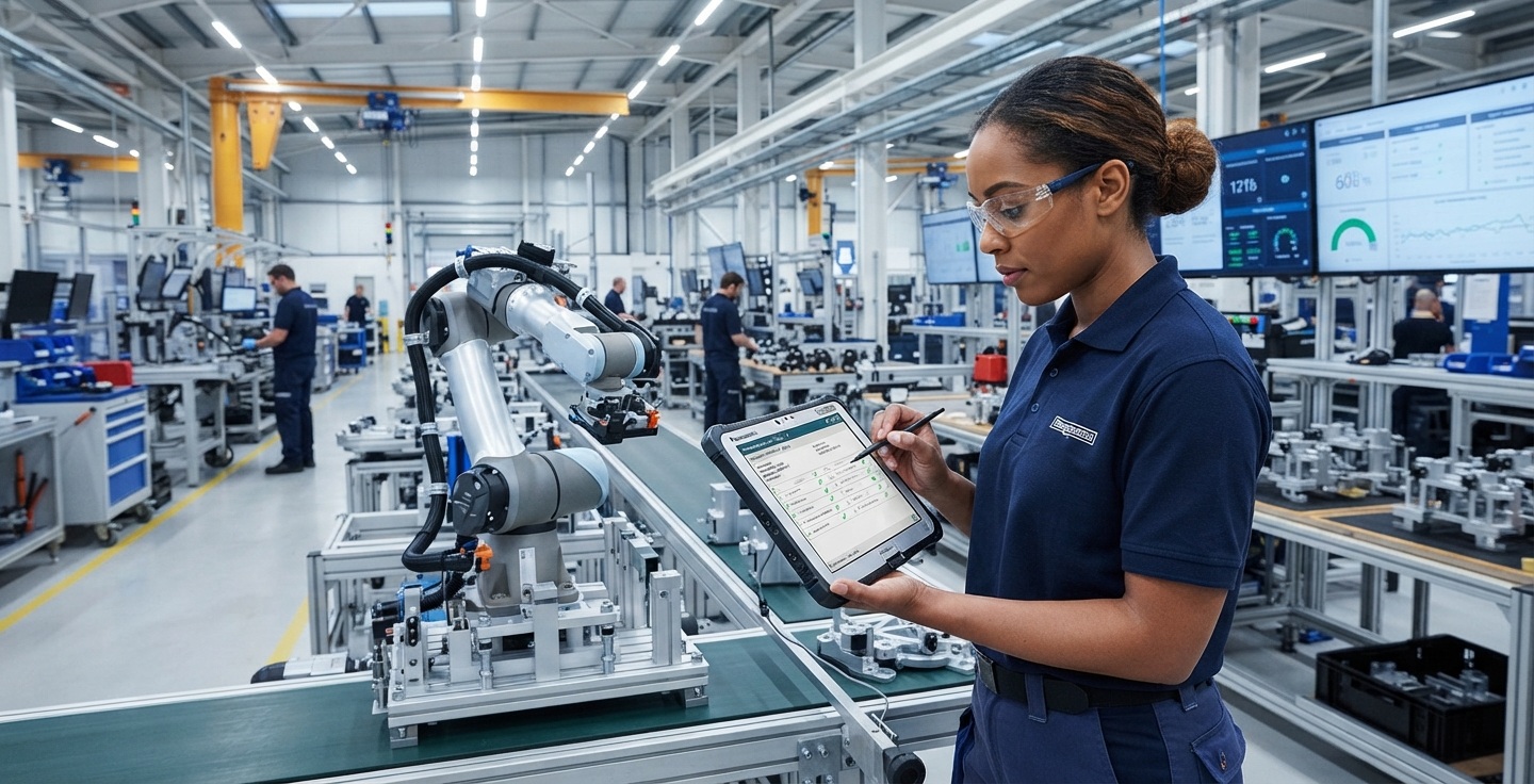 Technicienne utilisant une tablette numérique pour le contrôle qualité dans un atelier de production industriel
