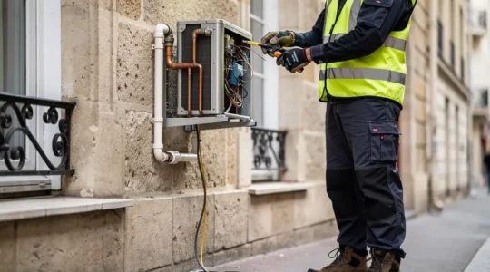 Technicien installant une pompe à chaleur sur le mur extérieur d'un bâtiment résidentiel en France