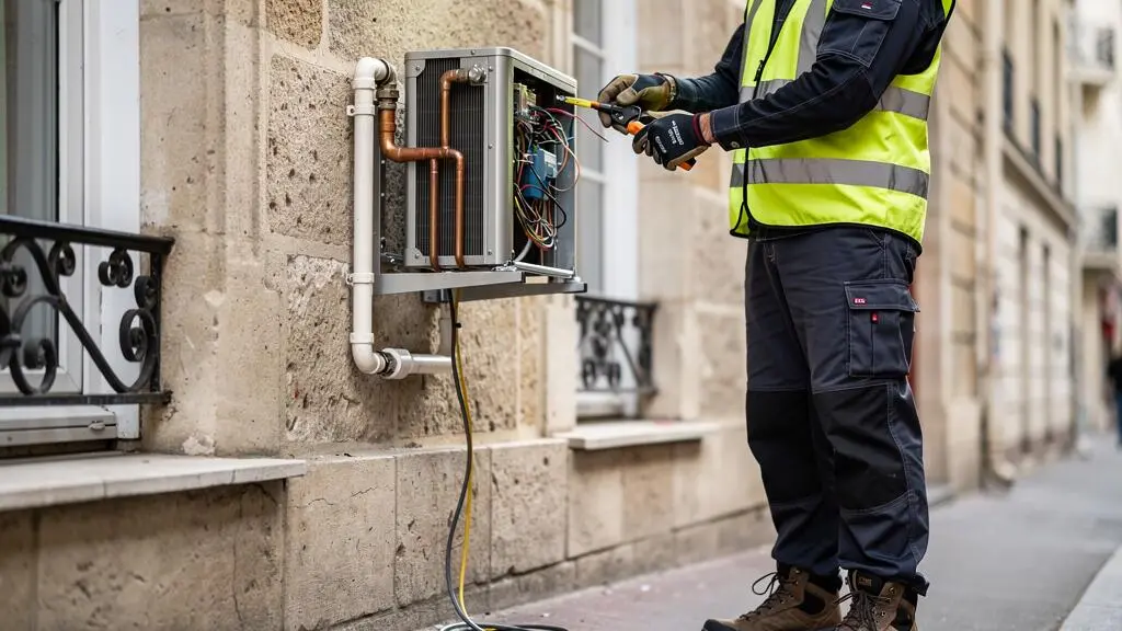 Technicien installant une pompe à chaleur sur le mur extérieur d'un bâtiment résidentiel en France
