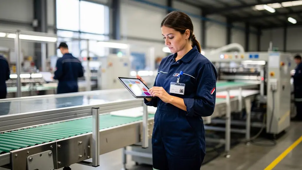 Technicienne utilisant une tablette numérique pour le contrôle qualité dans un atelier de production industriel