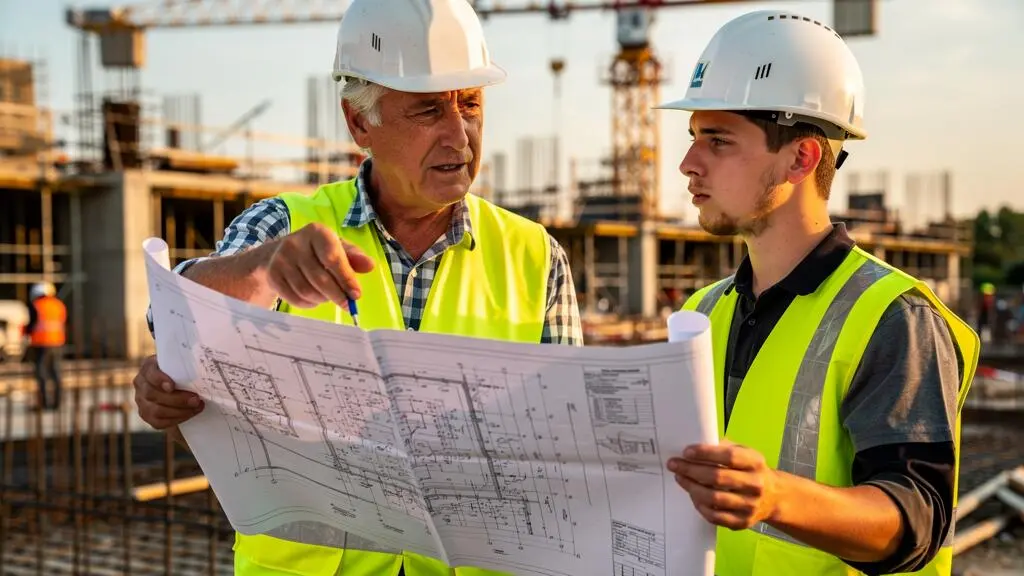 Ouvrier expérimenté formant un apprenti sur un chantier de construction, examinant ensemble des plans techniques