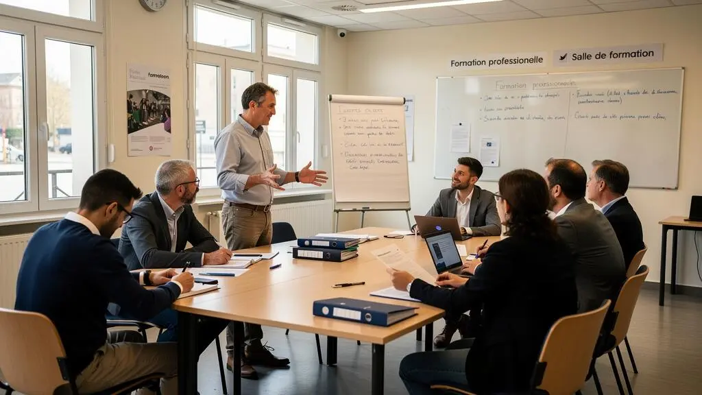 Formateur animant une session de formation professionnelle avec des stagiaires adultes dans un centre de formation français
