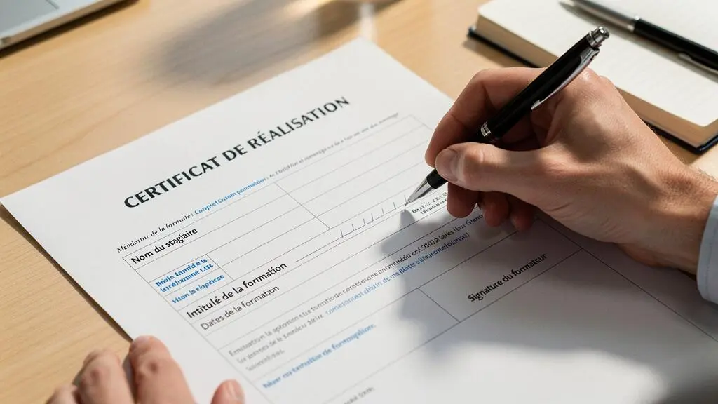 Gros plan d'une main professionnelle vérifiant les sections d'un certificat de réalisation sur un bureau